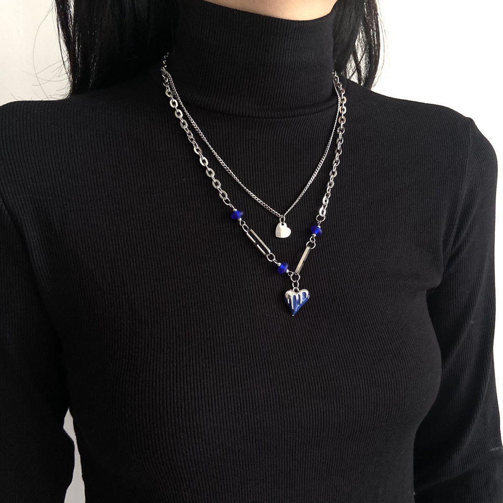 Dây Chuyền Hai Lớp Mặt Hình Trái Tim Màu Xanh Dương Phong Cách Hip Hop 19A1416ins