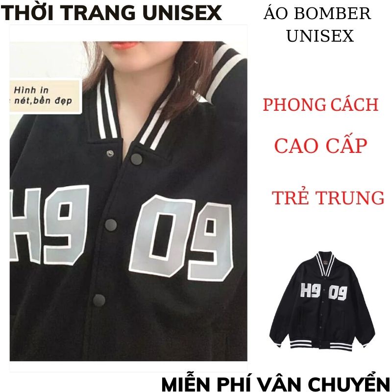 Áo Bomber UNISEX in chữ H909 ,  Cổ Có Cúc Bấm Chất Liệu dù 2 lơp Chất Đẹp nữ hàn quôc XMTC2