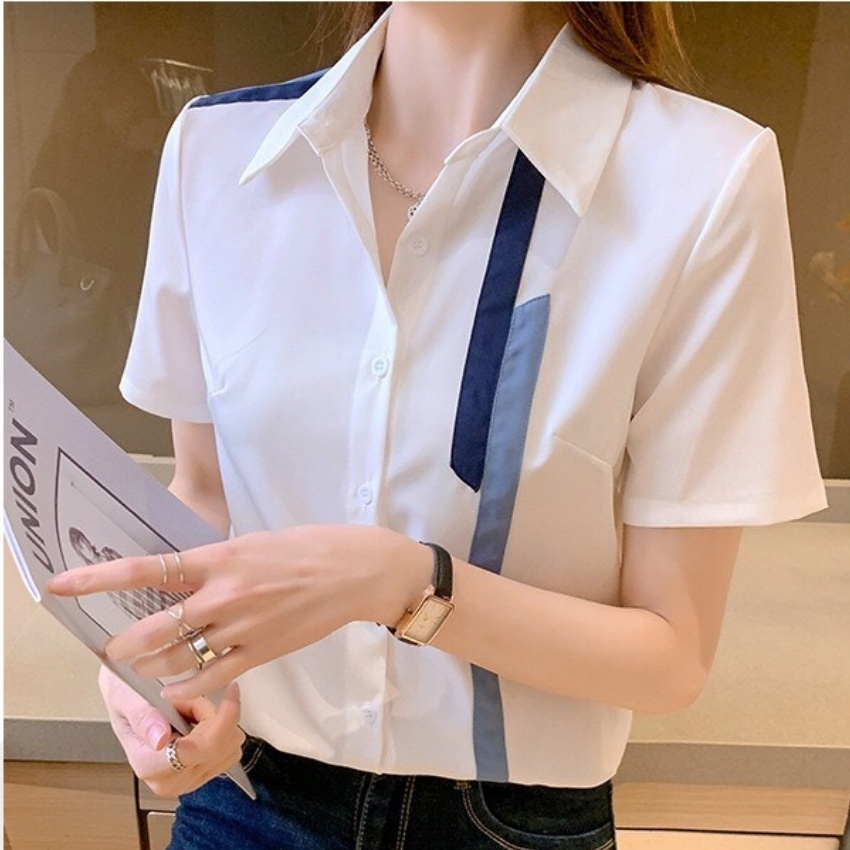 Áo sơ mi nữ ngắn tay kiểu đẹp viền một bên vai phong cách Hàn Quốc kiểu dáng basic trẻ trung sang trọng