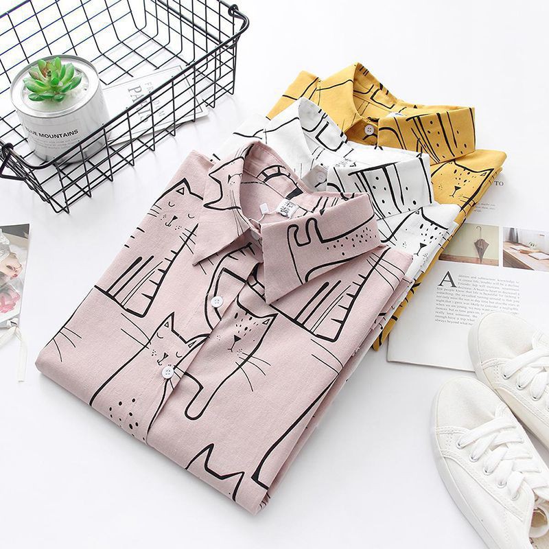 Áo sơ mi dài tay in họa tiết phong cách Hàn Quốc thời trang cho nữ