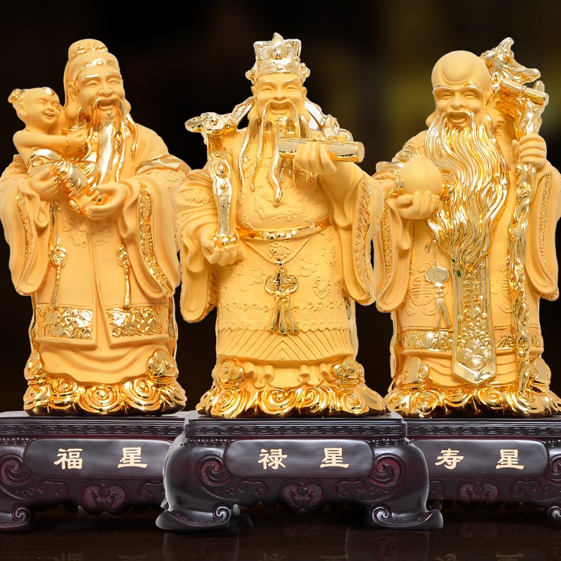 Bộ 3 tượng vàng Phúc Lộc Thọ trang trí bày tủ tặng quà
