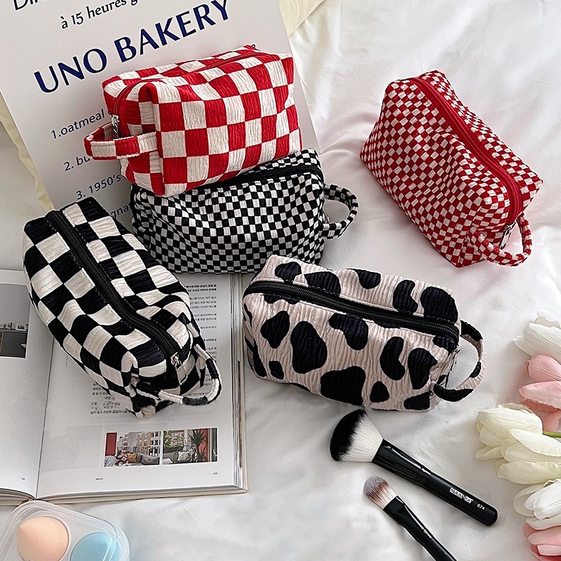 Túi Đựng Bút/Mỹ Phẩm Bằng Vải Nhung Kẻ Sọc Caro Thời Trang
