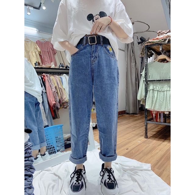 Quần bò baggy thêu hoa cúc hot trend hàng quảng châu, quần bò gấp gấu