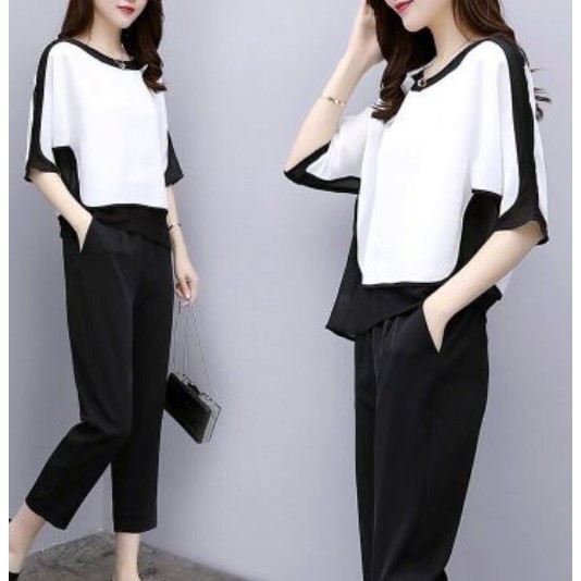 set bộ quần lửng đen áo kiểu trắng đen nhẹ nhàng thoải mái A20, đi chơi đi chợ đi làm