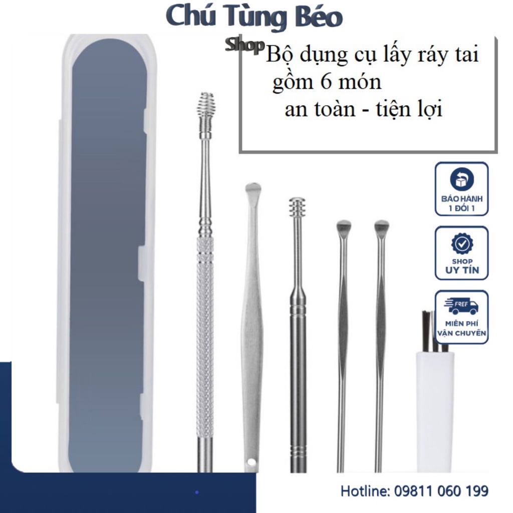 [Mã COSDAY -50K đơn 150K] Bộ dụng cụ ngoáy tai inox 6 món - Bộ lấy ráy tai thép không rỉ 6 món