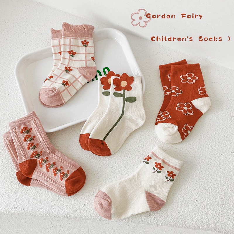 Set 5 Đôi Tất/Vớ Cotton Phong Cách Hàn Quốc Họa Tiết Hoa Vintage Dễ Thương Cho Bé Gái (1-12 tuổi)