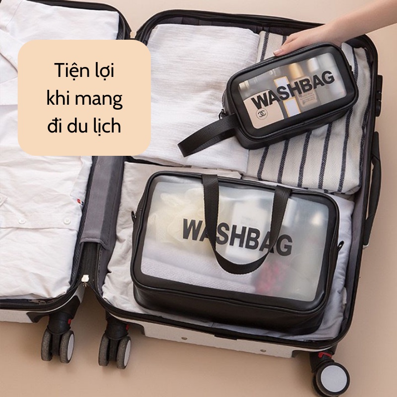 Túi đựng mỹ phẩm trong suốt cao cấp Washbag, túi đựng đồ du lịch đa năng 3 màu đen hồng trắng TDM01