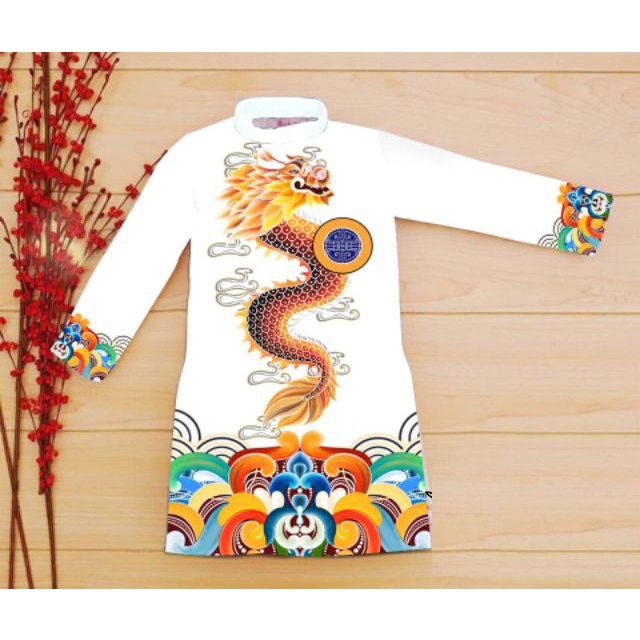 ADBT014 - Áo dài bé trai cao cấp in hình rồng 3D uốn lượn toàn thân