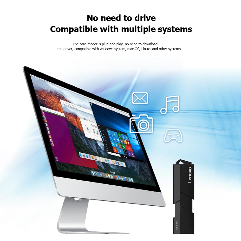 Lenovo Đầu Đọc Thẻ Nhớ 5Gbps USB 3.0 2 Trong 1 Tốc Độ Cao Hỗ Trợ 2TB