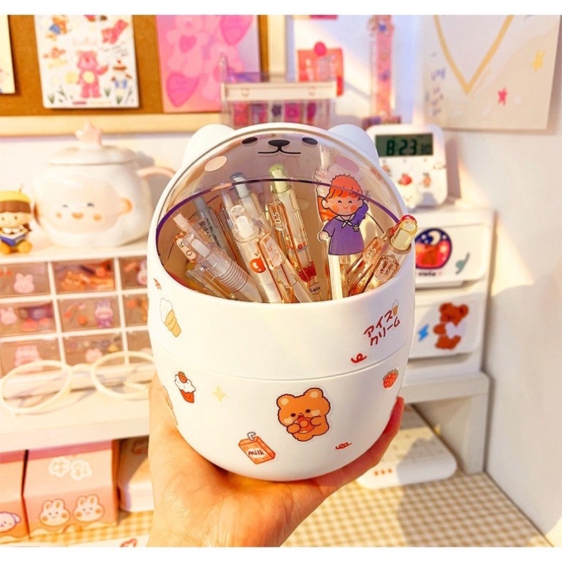 [Tặng kèm Sticker] Thùng Rác Mini Để Bàn Hình Gấu Cute Nhiều Màu Sắc - Ống Đựng Bút, Washi Tabe Tiện Lợi