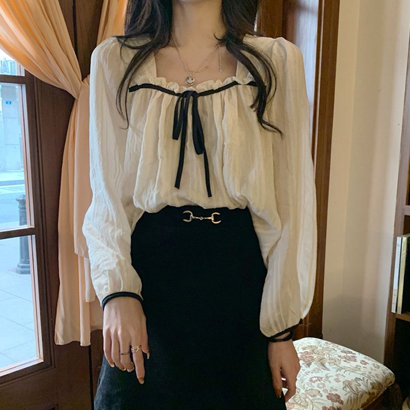 Áo sơ mi tiểu thư cổ vuông cột nơ Quảng Châu Meow meow