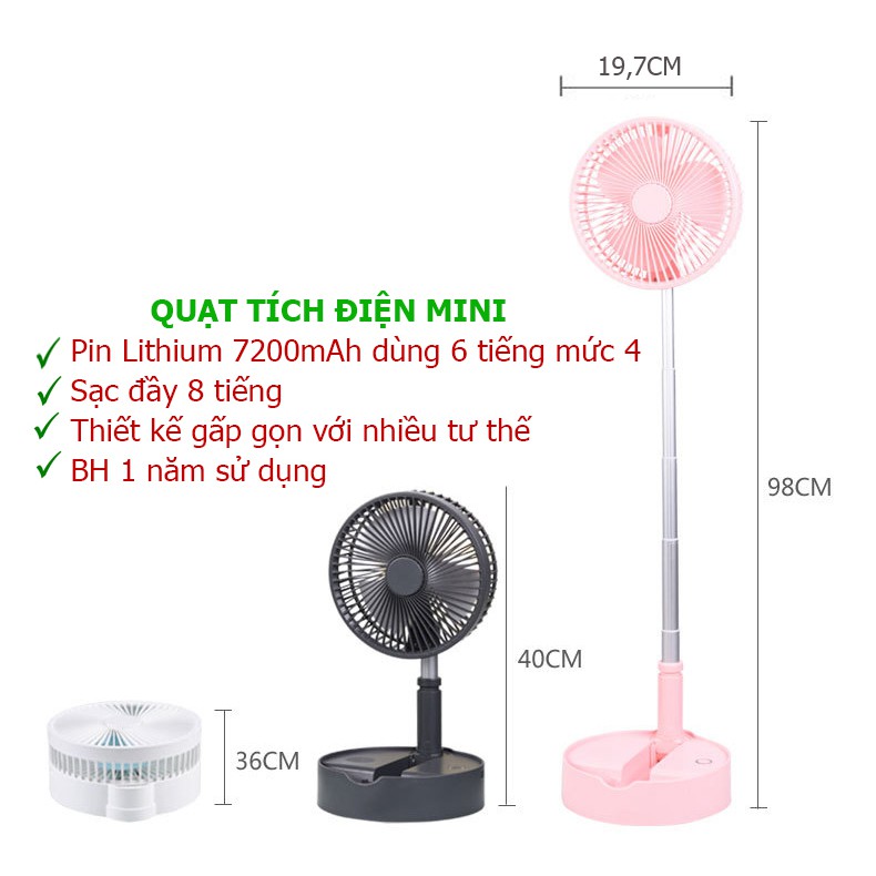 [CHÍNH HÃNG] Quạt Tích Điện Đa Năng, Pin Lithium 7200mAh Chạy Liên Tục 6 Tiếng Ở Số 4, Sạc Đầy 8 Tiếng, BH 1 Năm