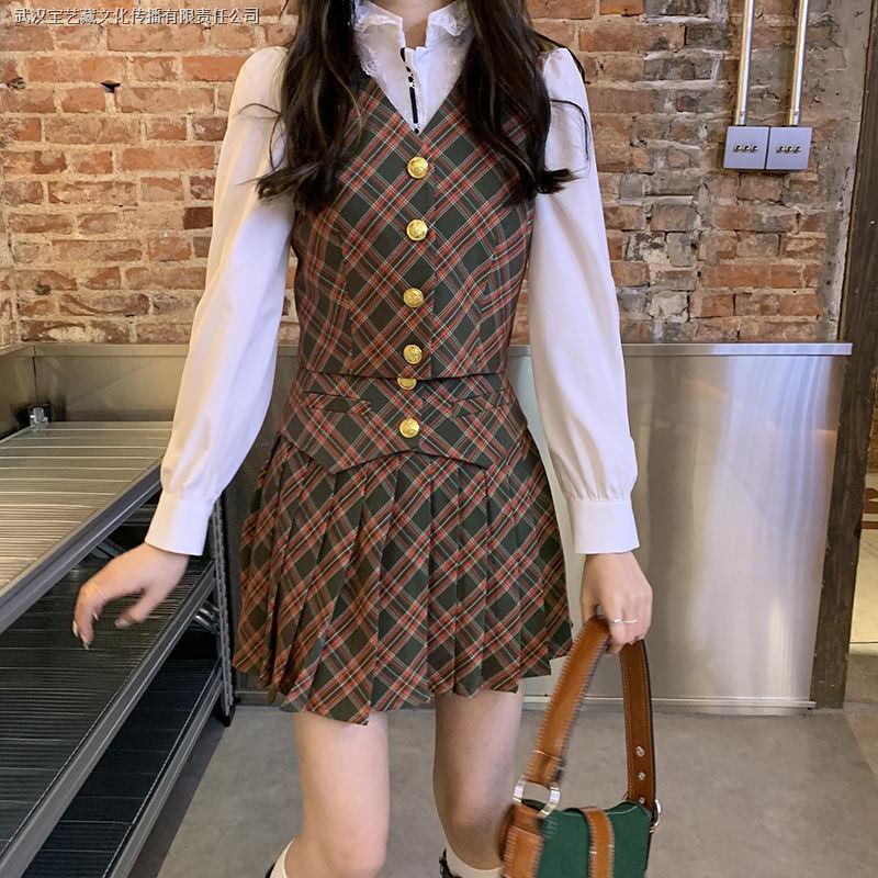 Set áo sơ mi cổ chữ v dài tay + áo vest + chân váy thời trang xuân thu phong cách retro cho nữ 2021