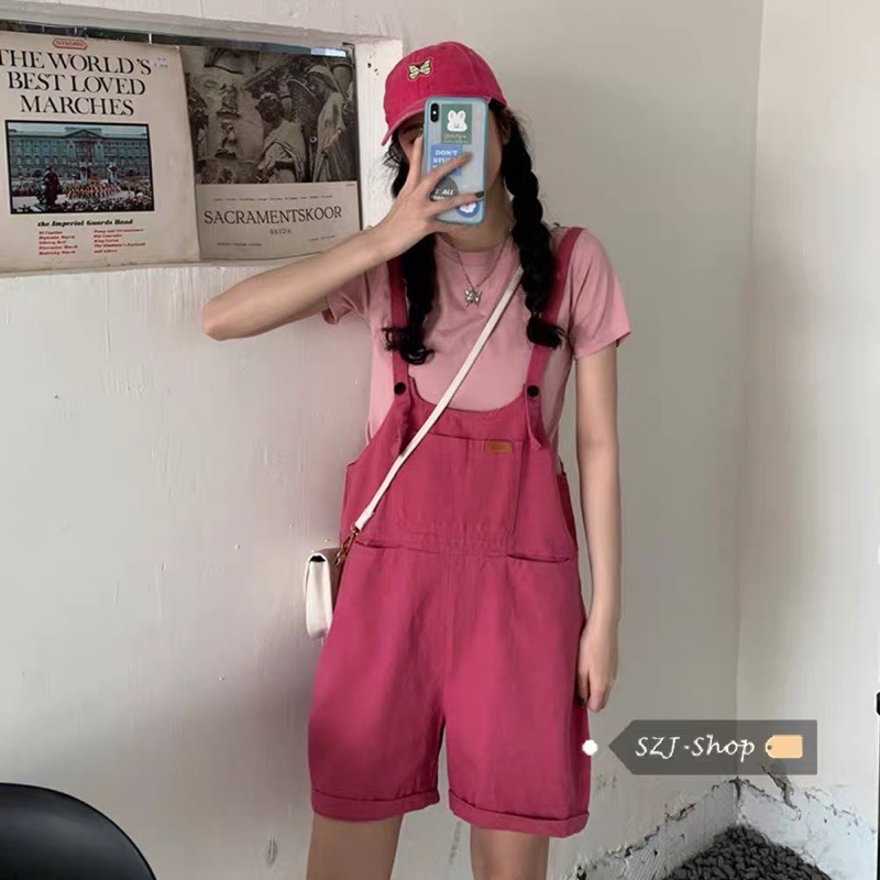 Yếm jean hồng quần ngắn