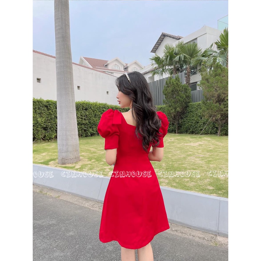 Đầm cổ vuông Mery 0102 phối tay phồng nơ vai trẻ trung CIN HOUSE