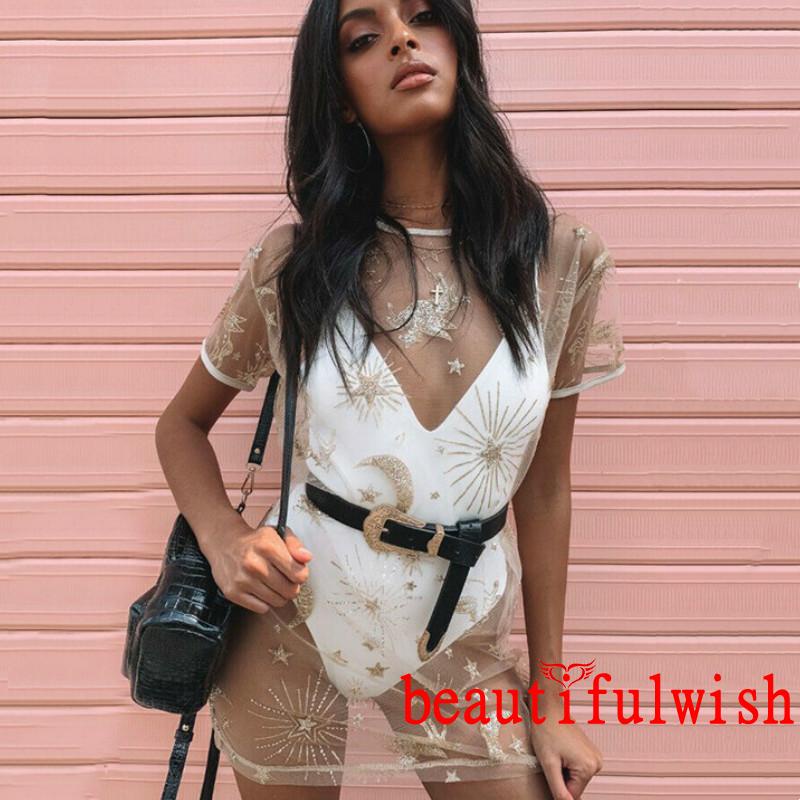 ✨Yp✡Đầm Lưới Cổ Tròn Xuyên Thấu Phối Kim Sa Vàng Đồng Thời Trang Cho Nữ
