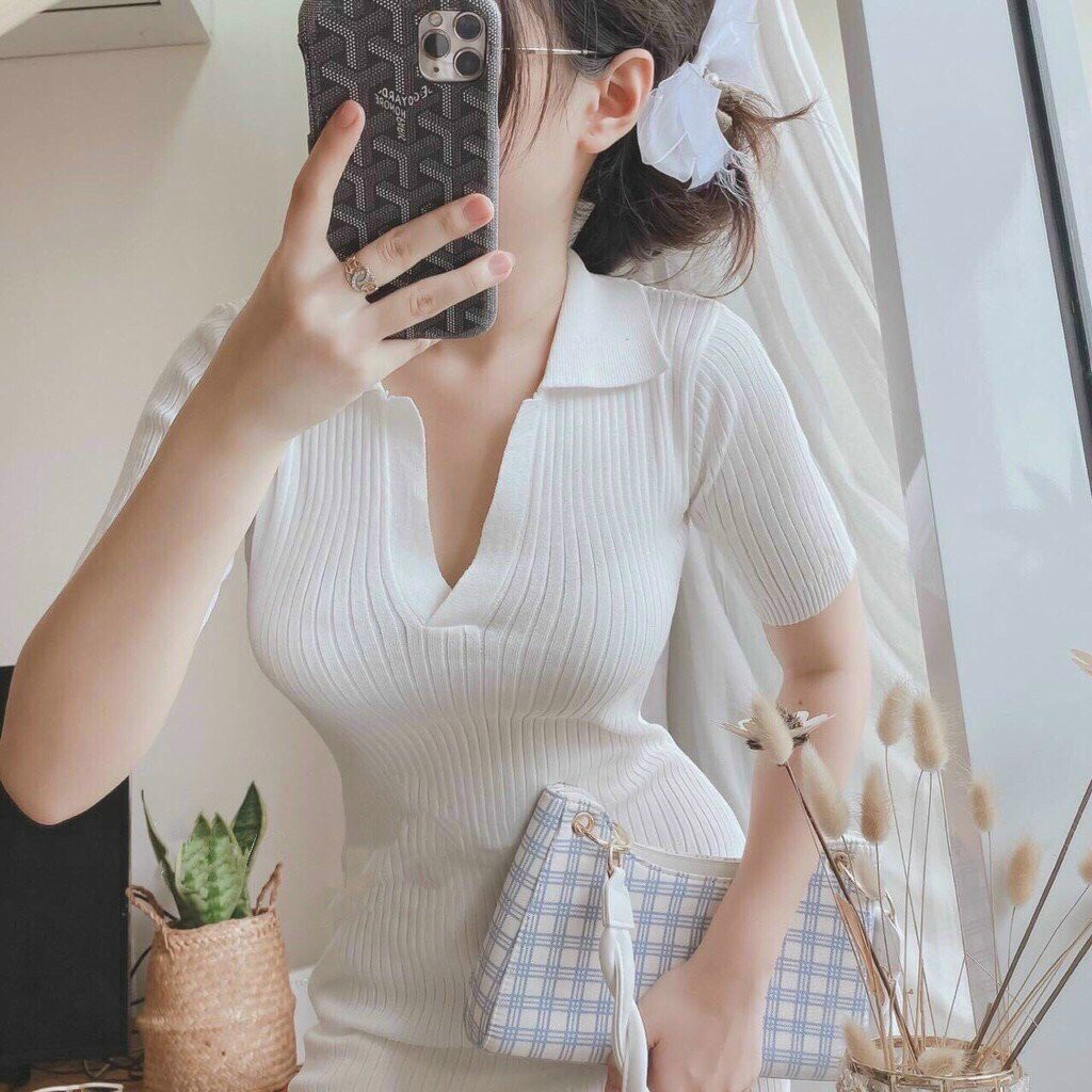 Đầm body cổ sơ mi ôm dáng chất thun gân tăm dễ thương