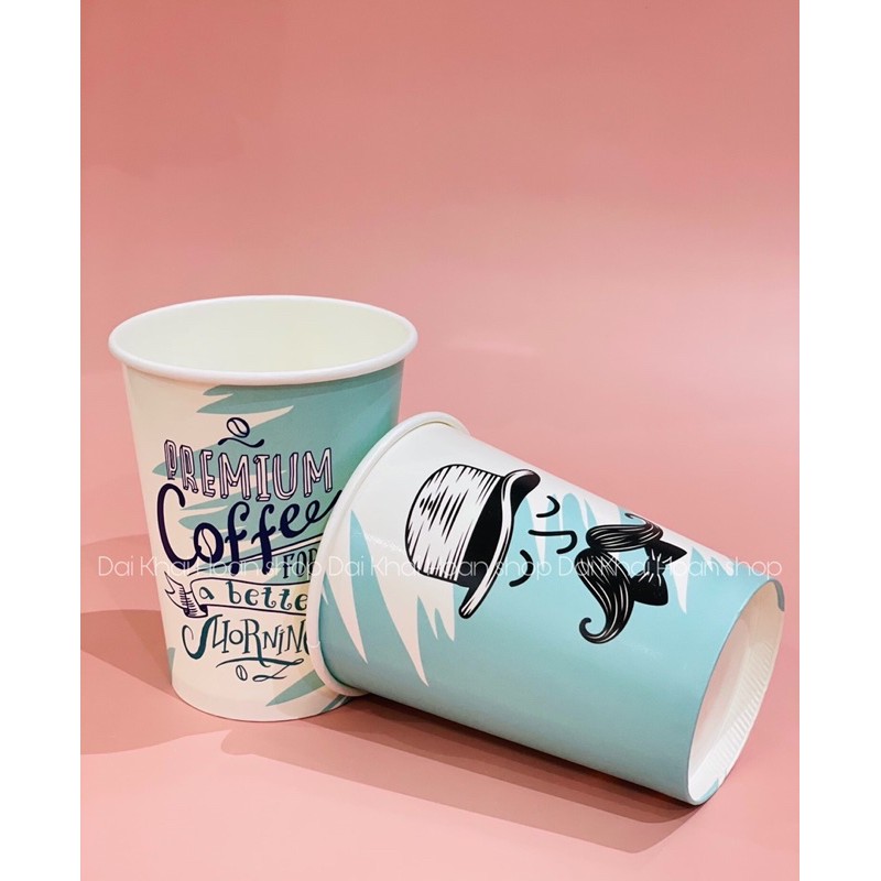 50 Ly Giấy In Hình Café  - màu Xanh 14oz – 360ml Có Nắp|Ly giấy cafe| Ly giấy in hình họa tiết dễ thương