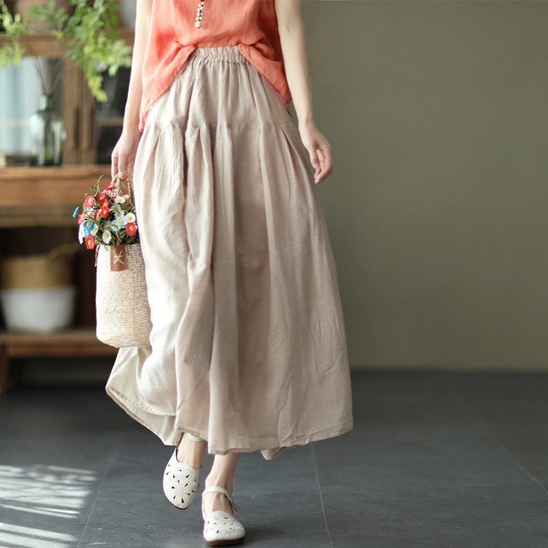 Chân Váy Cotton Lanh Dáng Xòe Dài Hai Lớp Thoáng Khí Màu Trơn Thanh Lịch Cho Nữ