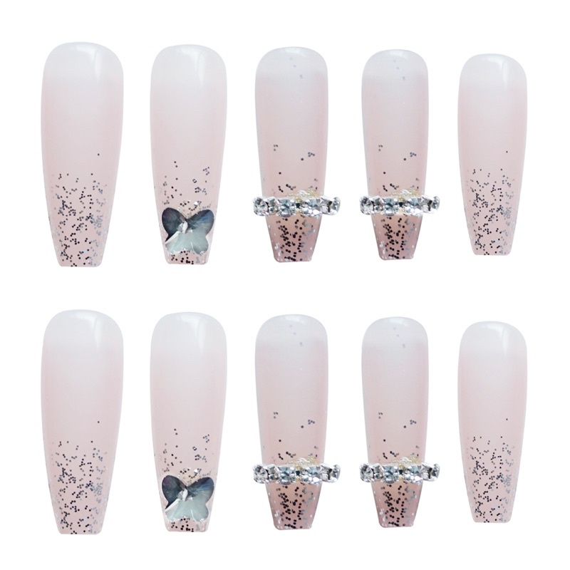 Set 24 móng giả D102 đính đá cao cấp, dáng móng dài dễ thương ( Tặng kèm keo và dũa )