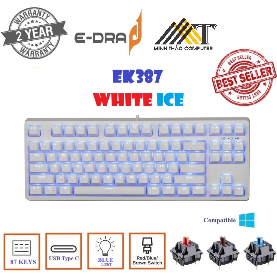 Bàn phím cơ E-Dra EK3104 Trắng White Ice/ Led xanh version 2021  CHÍNH HÃNG BẢO HÀNH 24 THÁNG