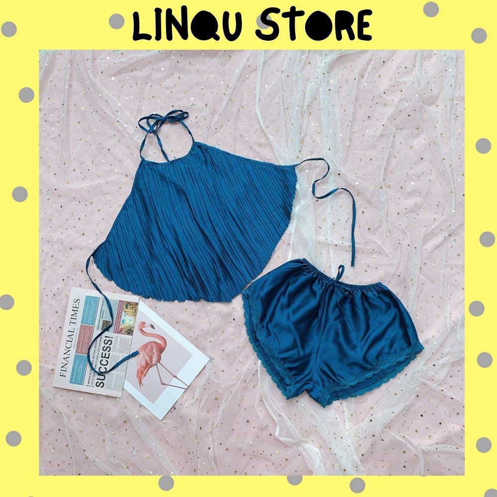 Đồ ngủ nữ 💋 Đồ ngủ sexy cổ yếm gợi cảm chất Satin mềm mại freesize <58kg - Linqu Sleepwear