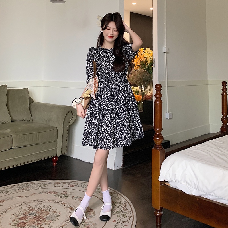 Đầm SUXI chữ A lưng cao họa tiết hoa phong cách vintage cho nữ