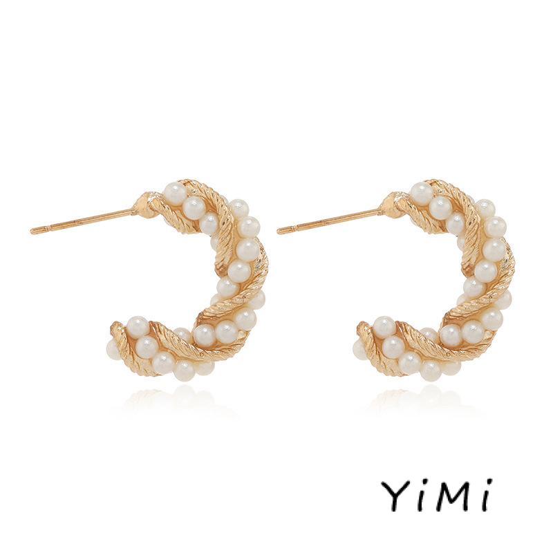 [mo] Bông Tai Ngọc Trai Xoắn Hình Chữ C Đơn Giản Cá Tính