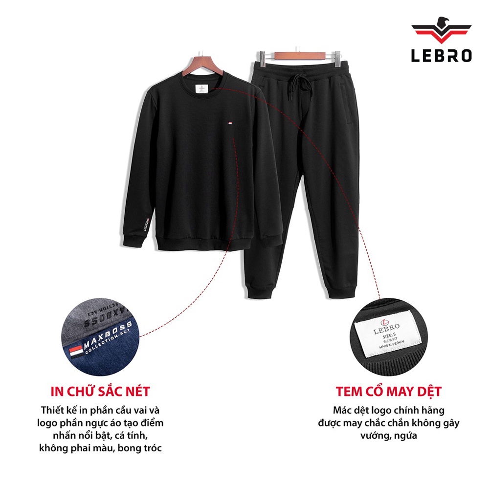 Bộ nỉ nam LEBRO co giãn thoải mái bền màu không bai xù, chất liệu Cotton USA cao cấp dày dặn thời trang BN01
