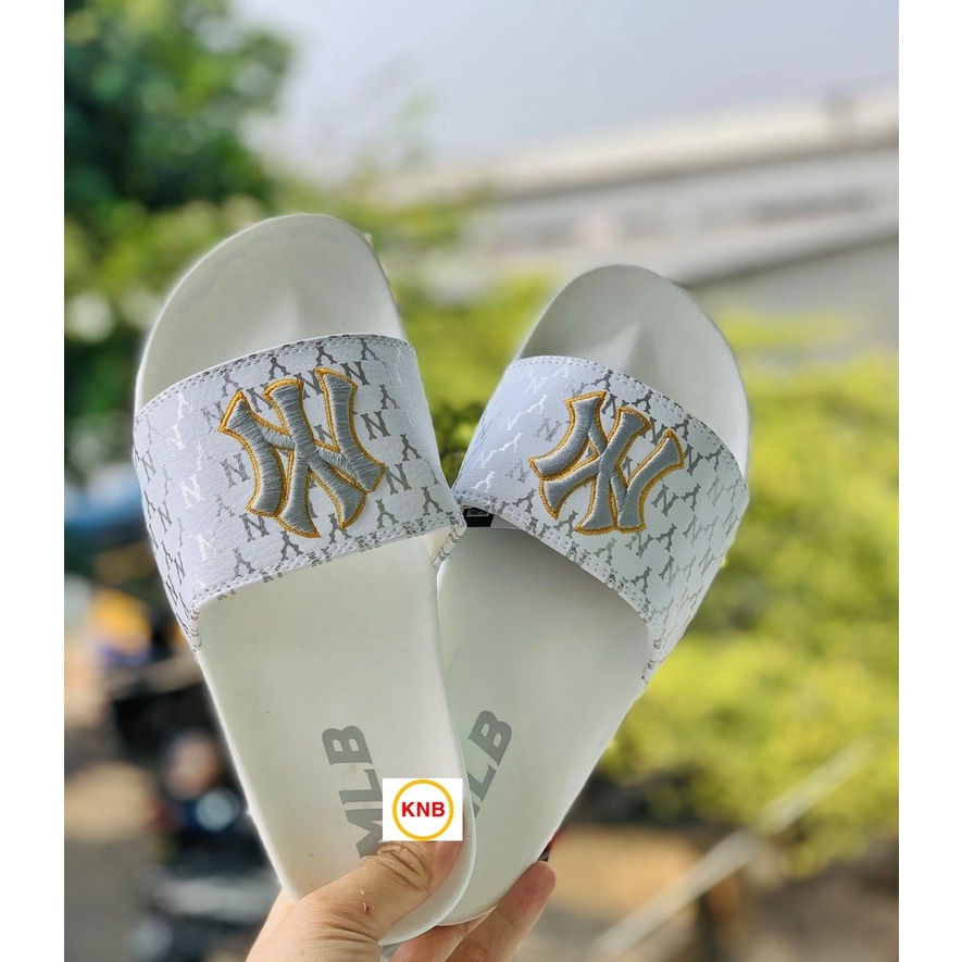 Dép 𝐌𝐋𝐁 UNISEX mẫu dép thể thao ❤️ Freeship + Hộp ❤️ Dép NY bóng chày quai ngang nam nữ chữ thêu nỗi kèm mác trắng xám