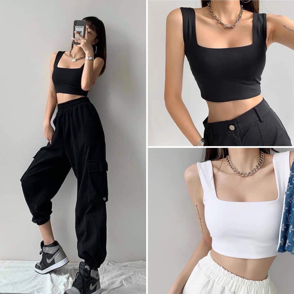 Áo croptop cổ vuông đen trắng - Áo croptop khoét nách 2 màu đen trắng freesize phom ôm chất thun co giãn C316