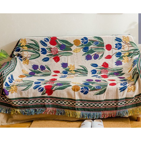 Thảm treo tường họa tiết vintage chăn trải shopha chống bụi, phong cách boho vintage freestyle họa tiết hoa tulip