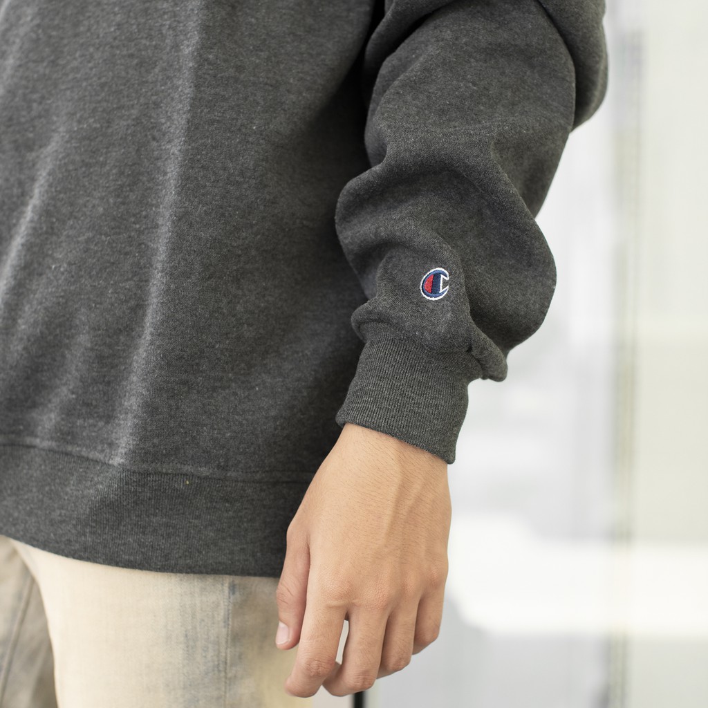 Áo Tay Dài Sweater Champion Chữ Thêu Sắc Nét Có Chất Liệu NỈ Bông Cotton Màu Xám