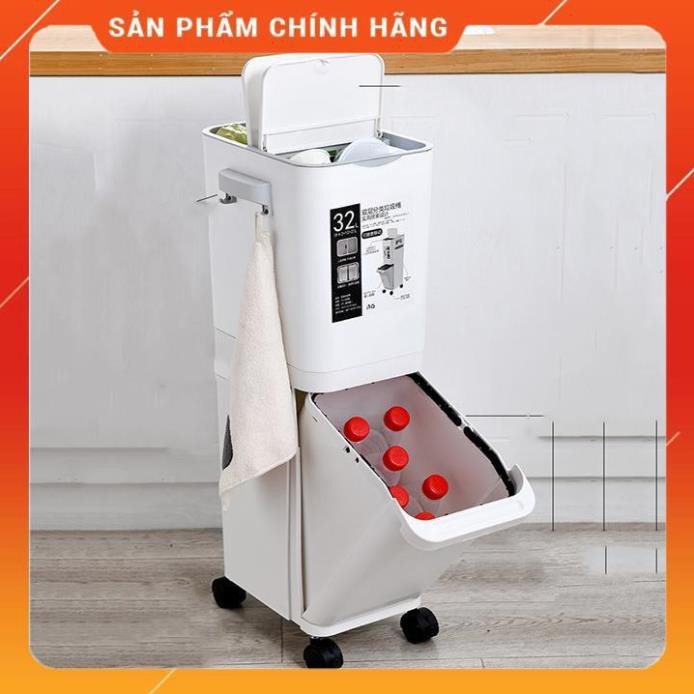 ( Tặng kèm túi đựng rác) Thùng rác 2 tầng thông minh, sọt rác nhựa 2 ngăn có nắp, có bánh xe dùng gia đình, văn phòng