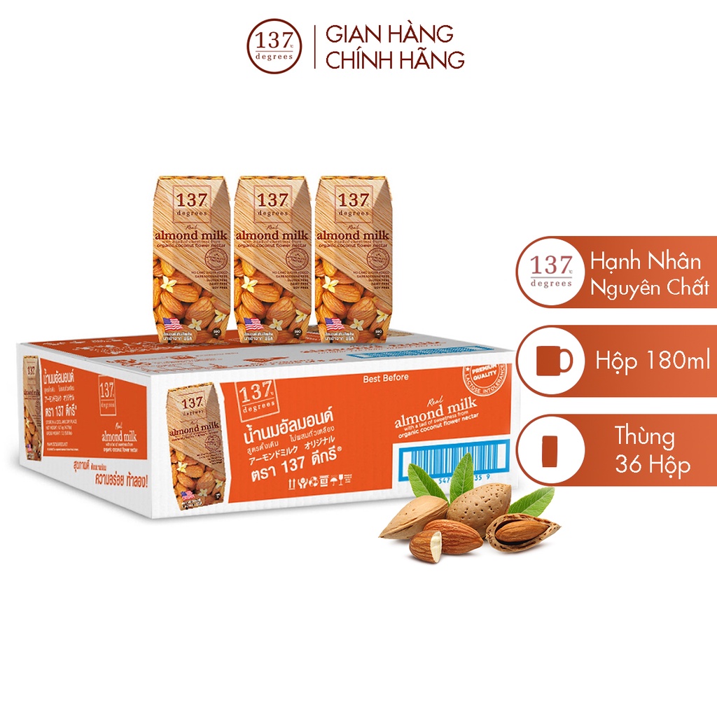 Thùng Sữa hạt 137 DEGREES hạnh nhân nguyên chất 36 hộp 180ml