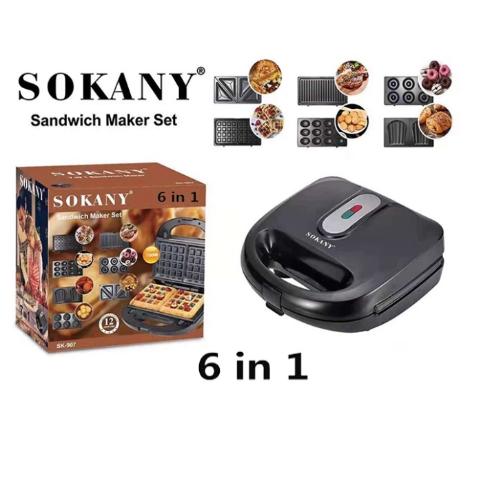 Máy làm bánh 6 khuôn Sokany Cao cấp, nướng bánh mì kẹp Sandwich