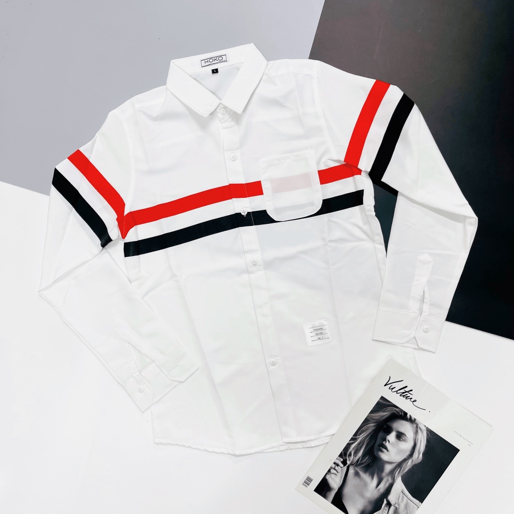 Áo Sơ Mi Nam Tay Dài Vải Lụa Cao Cấp Phối Sọc Kèm Túi Phong Cách Hàn Quốc Sang Trọng [NEW UNISEX]