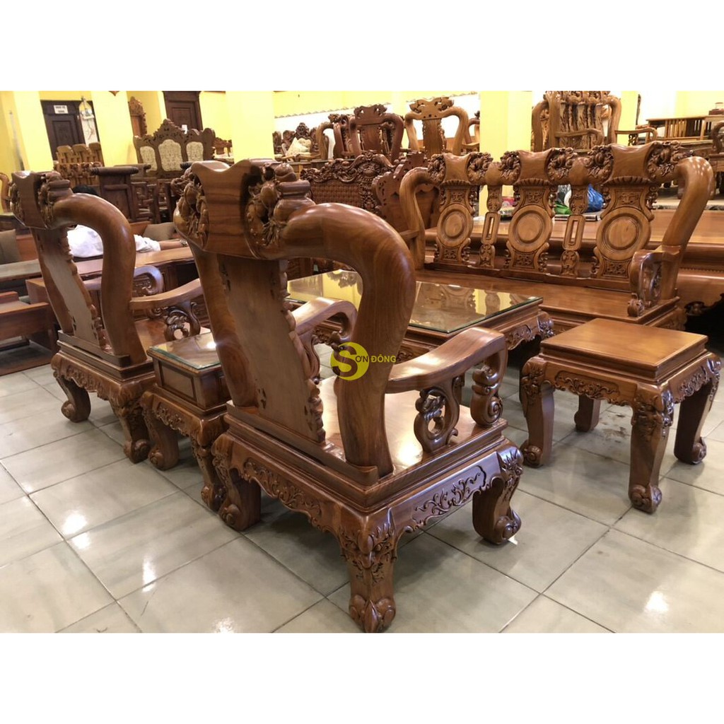 Bộ bàn ghế gỗ gõ đỏ đào Sài Gòn vai cong cột 12, 6 món size 14