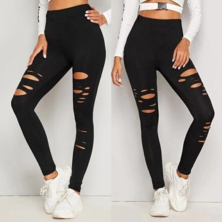Quần Legging Thể Thao Màu Trơn Rách Gối Thời Trang Cho Nữ