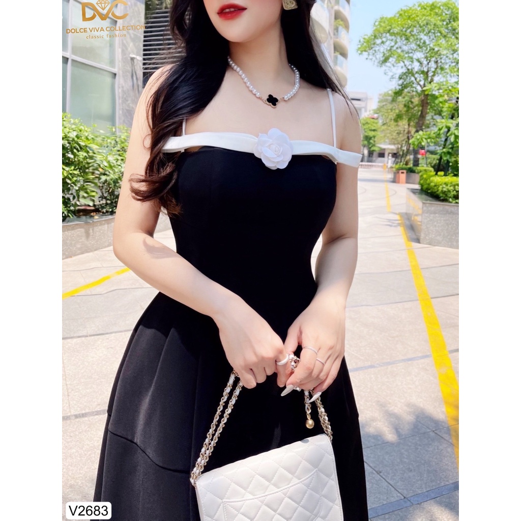 VÁY ĐEN PHỐI DÂY HOA NGỰC THIẾT KẾ CAO CẤP V2683-DVC