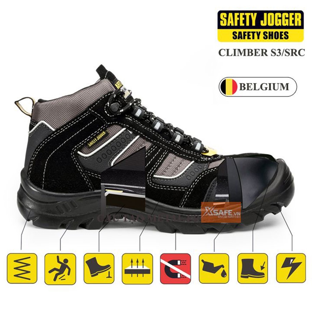 Giày bảo hộ lao động nam Safety Jogger Climber S3 SRC da lộn bền bỉ, thoáng khí, cấu tạo phi kim chống tĩnh điện