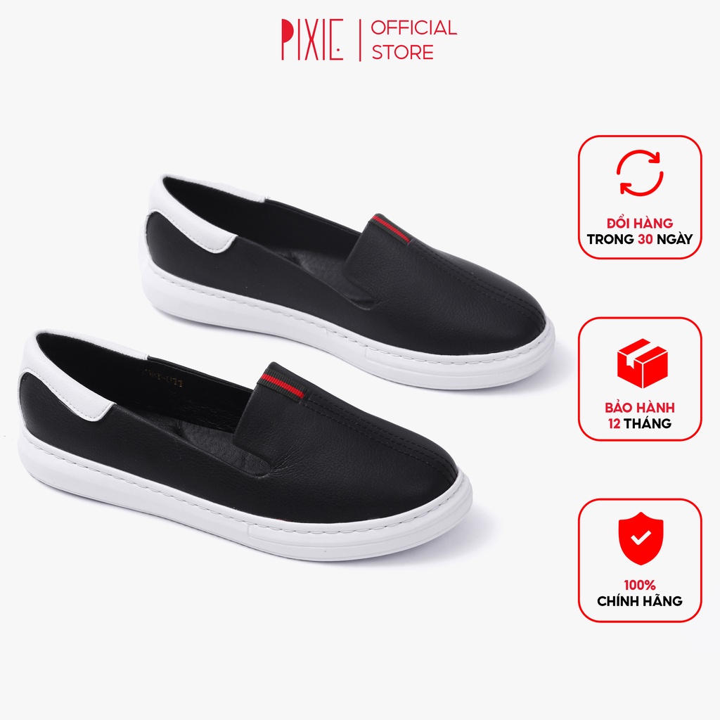 Giày Slipon Đế Cao Su Trắng Da Mềm Siêu Nhẹ Màu Đen Pixie X436