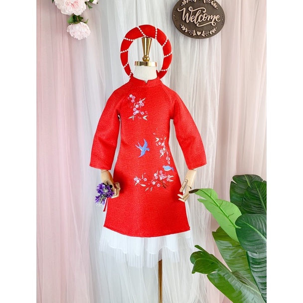 Áo dài cao cấp thêu nổi cho bé gái cho bé 9-35 kí