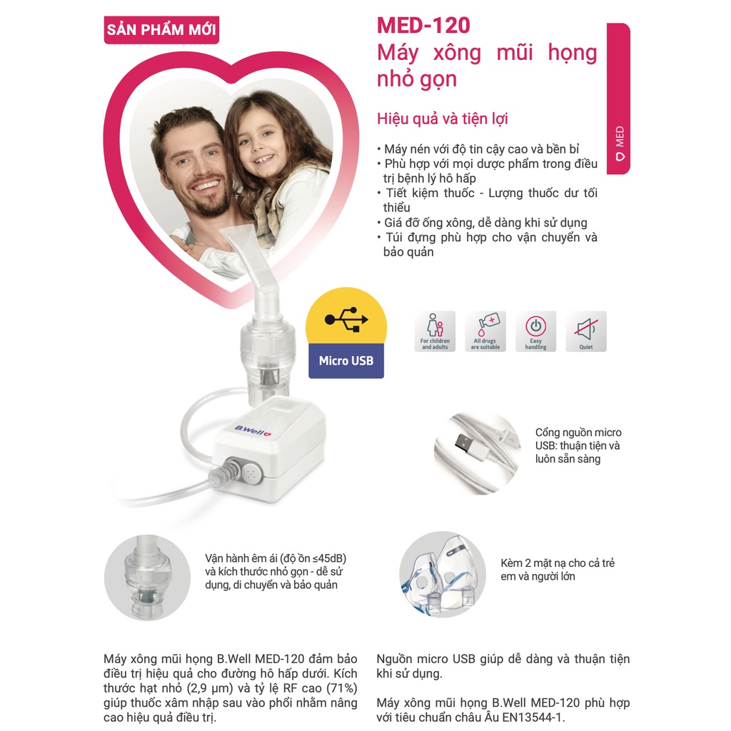 Máy xông mũi họng B.Well Swiss MED-120 độ ồn thấp - Xông khí dung Bwell nhỏ gọn - Thụy Sĩ - Chính hãng