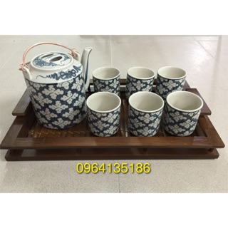 Bộ ấm tích vẽ hoa bèo men rạn cổ gốm sứ Bát Tràng