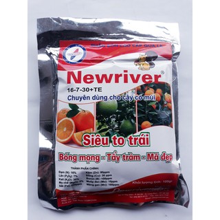 Phân bón lá Newriver 16-7-30+TE (100g) gói Siêu to trái, bóng mọng, tẩy chàm, mã đẹp, chuyên dùng cho cây có múi