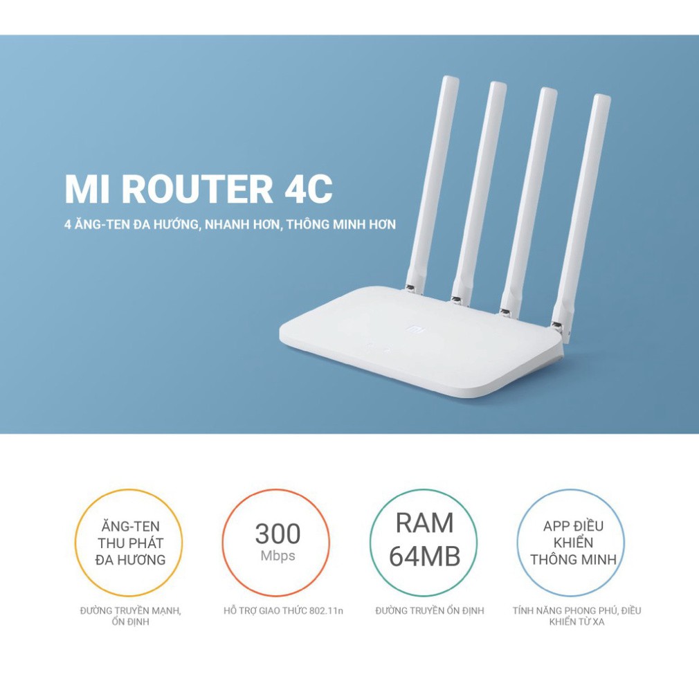 Bộ Phát Sóng Wifi Tốc Độ Cao Xiaomi Mi Router 4C Bản Quốc Tế - Router 4 Ăng Ten Xuyên Tường, Thiết Kế Mỏng Đẹp