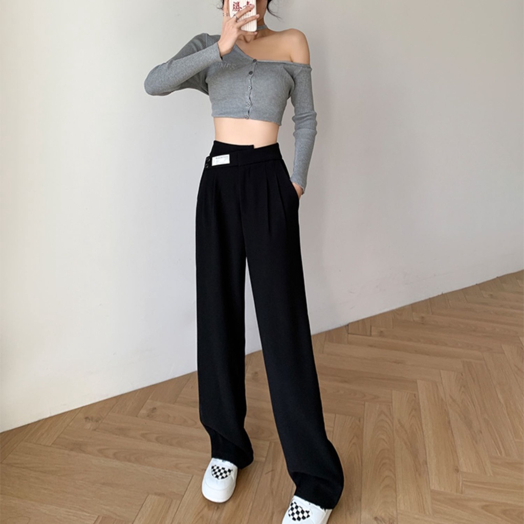 Quần dài SUXI ống rộng lưng cao màu trơn thanh lịch cho nữ