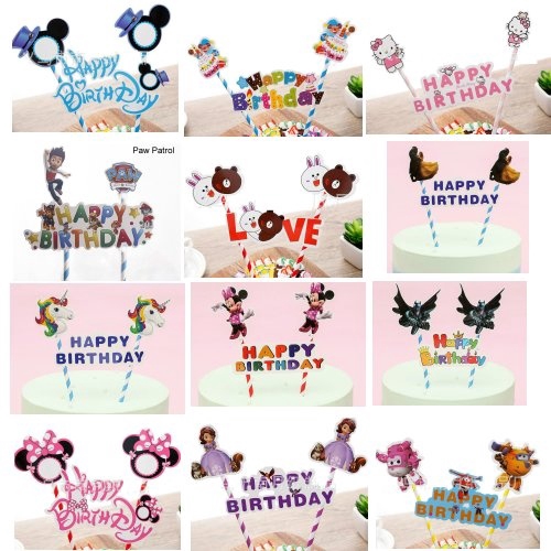 Phụ Kiện Trang Trí Bánh Kem Hình Hoạt Hình Kèm Chữ Happy Birthday
