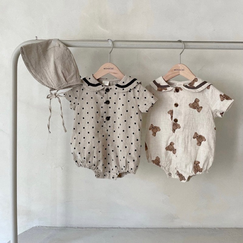 Áo liền quần tay ngắn cotton lanh in họa tiết chấm bi/ gấu dễ thương dành cho trẻ em